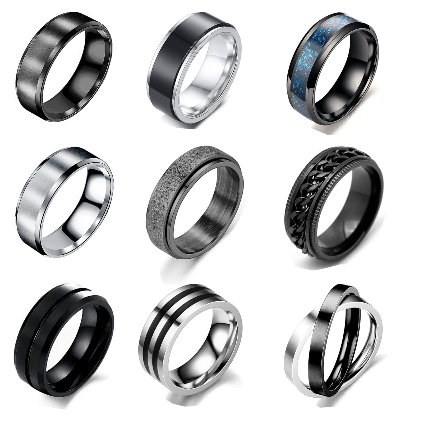 VELESAY 9Pcs Anillos Hombre Acero Inoxidable Negro Vintage Cadena Anillos Set Giratorios Anillos para Hombres Mujeres Anillos Hombre Negro Anillo Hombre y Mujer Anillo de Promesa de Boda