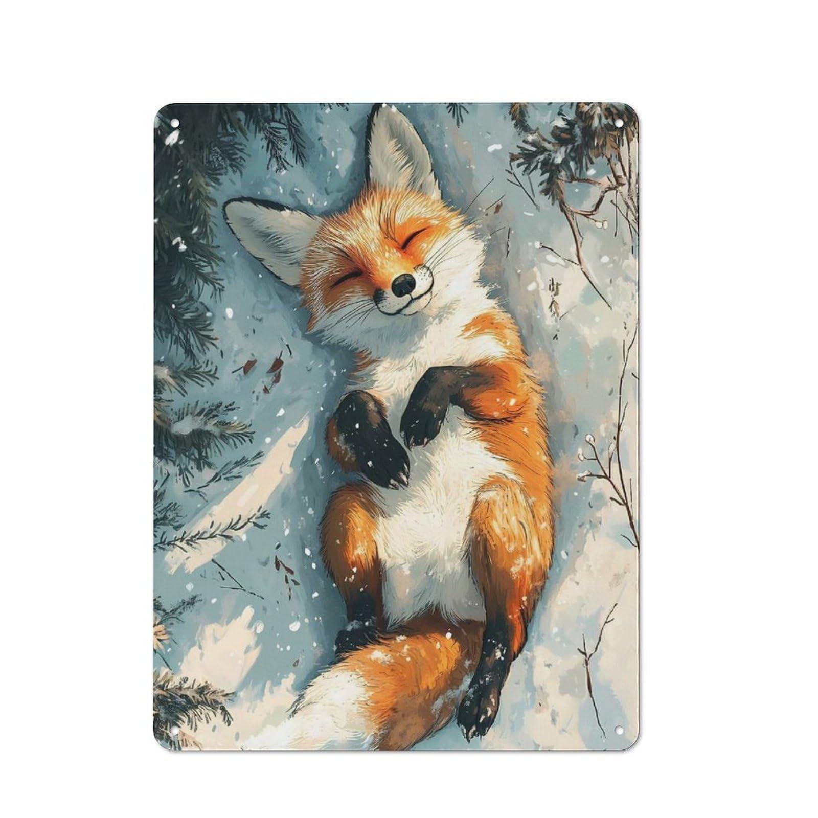 Junmoney Winter Fox In Snow 40X30cm Rustic Metal Sign With For Hobby Room Or Studio, Metal Sign Decor For Hobby Rooms And Studios