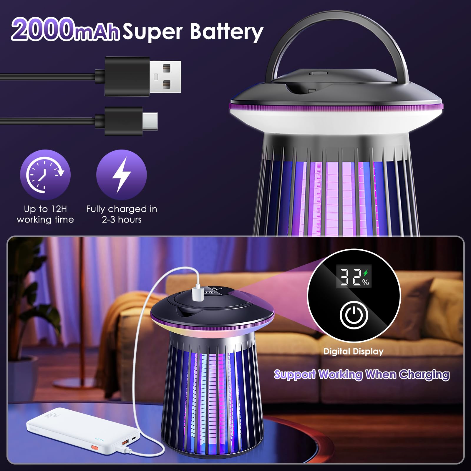 Bug Zapper Outdoor Indoor, 4-in-1 2000V Electric Mosquito Zapper with 2000mAh Battery, USB Charging, Low Noise, Portable Cordless Insect Zapper for Home Patio Kitchen Backyard Garden Porch - 5