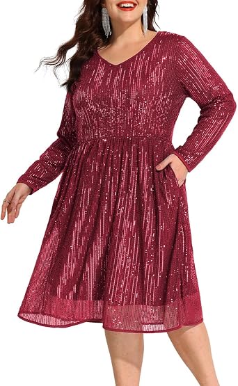 CARCOS Plus Size Sequin Dresses for Women V Neck Long Sleeve Party Dress Sparkle Club Dresses Evening Wedding Dresses XL-5XL
