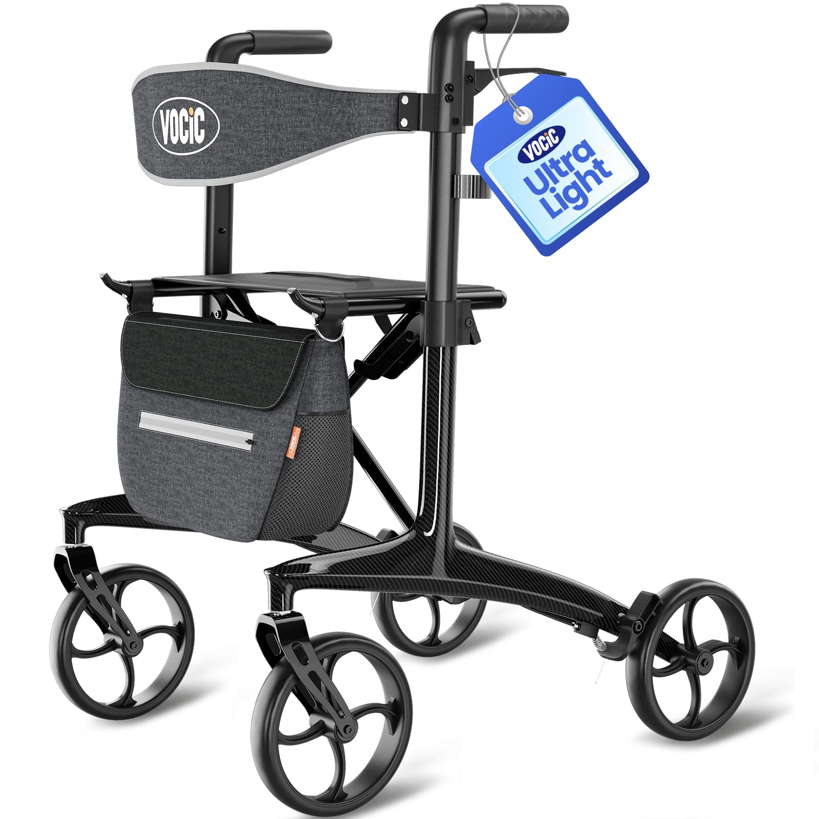 VOCIC Z75 Carbon chodzik, składany, lekki, z siedziskiem, 5,5 kg, ultralekki | Rollator wąski do mieszkania, wewnątrz i na zewnątrz, składany chodzik dla seniorów, maks. 136 kg, 5 lat wsparcia, obsydian