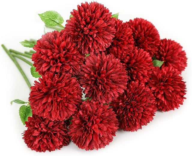 Floweroyal Artificial Flowers 12pcs Chrysanthemum Ball Flowers Silk Hydrangea Bridal Wedding Bouquet for Home Garden Party Office Coffee House Decorations (Red).