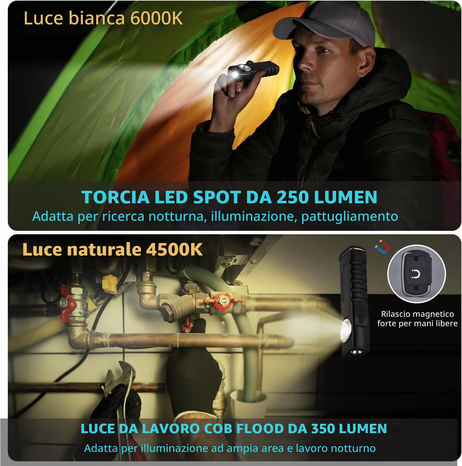 ULTRAFIRE Luce da lavoro a LED ricaricabile, 350 lumen, torcia tattica piatta a LED con fascio rosso, 3 modalità di utilizzo, con magnete e clip per lavoro, riparazione auto, emergenza