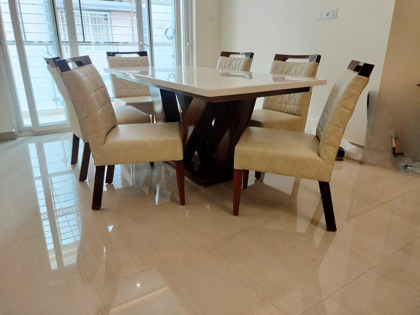 6 Seater White Marble Top Dining Table with Upholstered Chairs, Dining Kitchen Set, 36x60 Inch Rectangular Marble-image-21