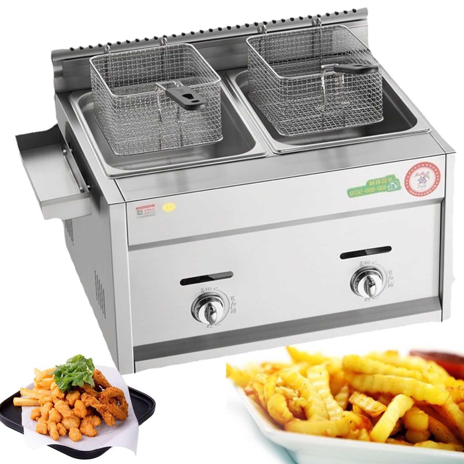 Frytkownica gazowa 9 l, frytkownica gazowa ze stali nierdzewnej, klasa komercyjna z regulowaną siłą ognia, idealna do frytek, pączków, ryb, zawiera kosze i pokrywki