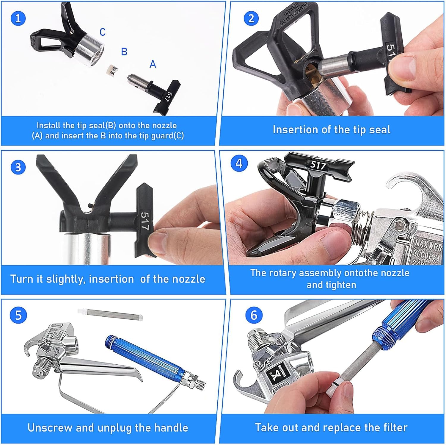12 Stück Airless-Farbspritzpistole mit Düsenschutz, 5 Sprühspitzen und 5 Airless Farbspritzpistolenfilter für Airless-Spritzmaschinen, Farbzubehör (211, 313, 415, 517, 623)