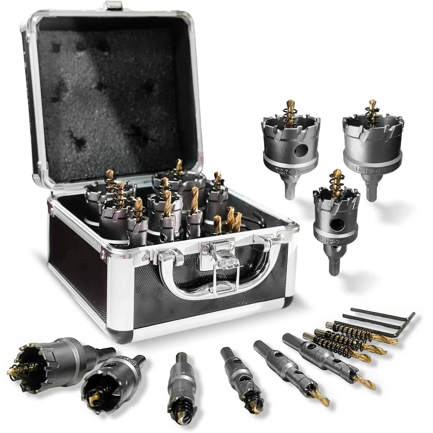 17Pcs Hole Saw Kit with case, 9/16''-2-1/8" Heavy-Duty Tungsten Carbide Hole Saws sets for Metal, Stainless Steel, Iron, Wood, Plastic, with 4*Detachable Pilot Drill Bits and 2*L-Wrench