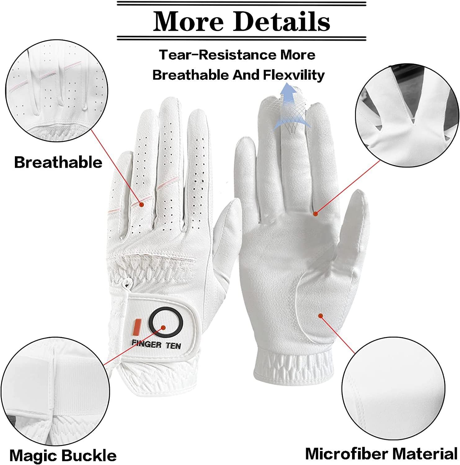FINGER TEN Golf Gloves Ladies Right Hand All Weather Soft Rain Grip in Pair or 2 Pack - Image 2