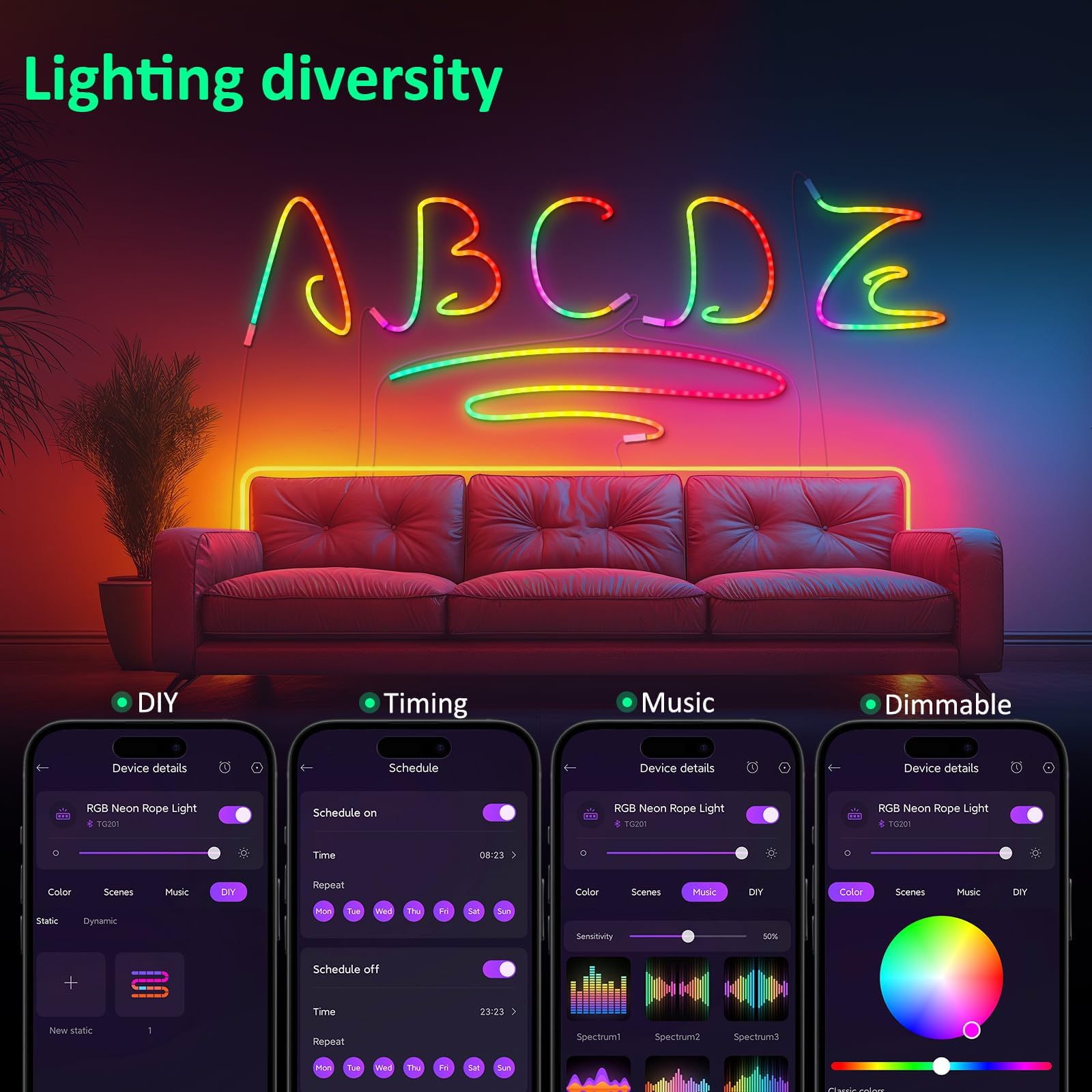 RGB LED Strip Lights - Flexible RGB App Controlled Neon Strip Lights - DIY Design, Gaming Room & Bedroom Decor (6.5FT)