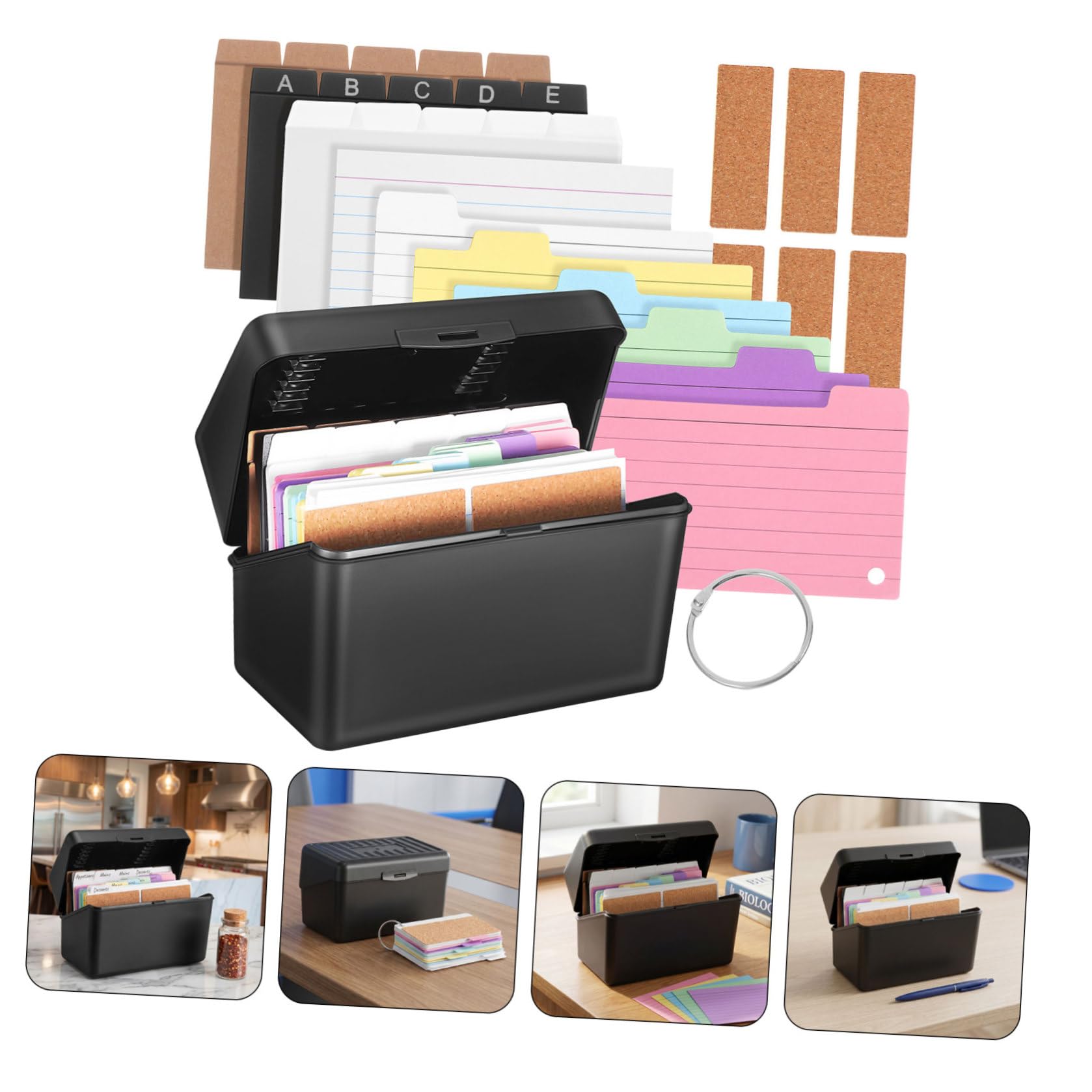 Contenitore Nero per Schede Indice, Set 2 Pezzi in Carta | Divisori Neri, Cartoncini Rigati Colorati, Anelli Metallici e Etichette Adesive