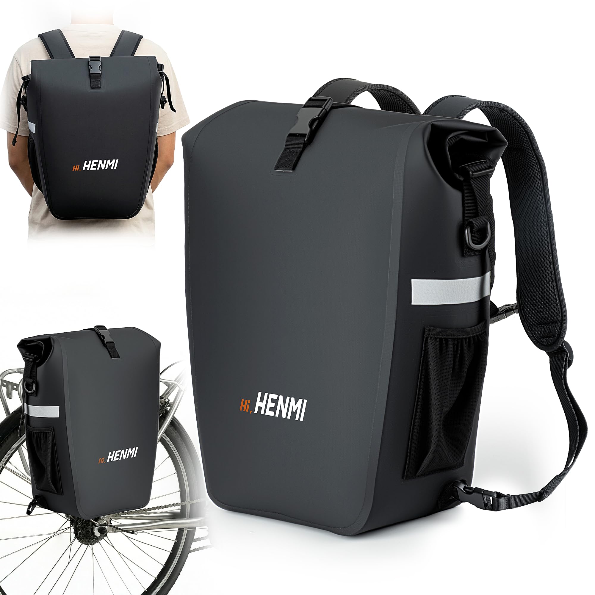 HENMI Fahrradtaschen für Gepäckträger, 3 IN 1 Fahrradtasche geeignet als Gepäckträgertasche, Rucksack, Umhängetasche, Fahrradtasche Gepäckträger mit Wasserdicht und Reflektierend Funktion (28L/37L)