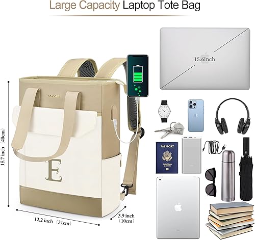 Miniatura 4 de Bolsa de mano personalizada para laptop con inicial para mujer, mochila de 15.6 pulgadas con puerto USB, regalo de Navidad para mujeresadolescentes