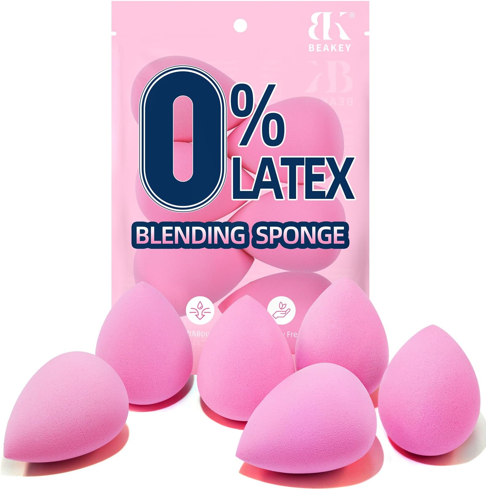 BEAKEY Super Soft Makeup Sponge Set of 6, Makeup Sponges for Foundation, Liquid, Cream and Powder, Pink Beauty Sponge for Blending, 0 Latex Blender