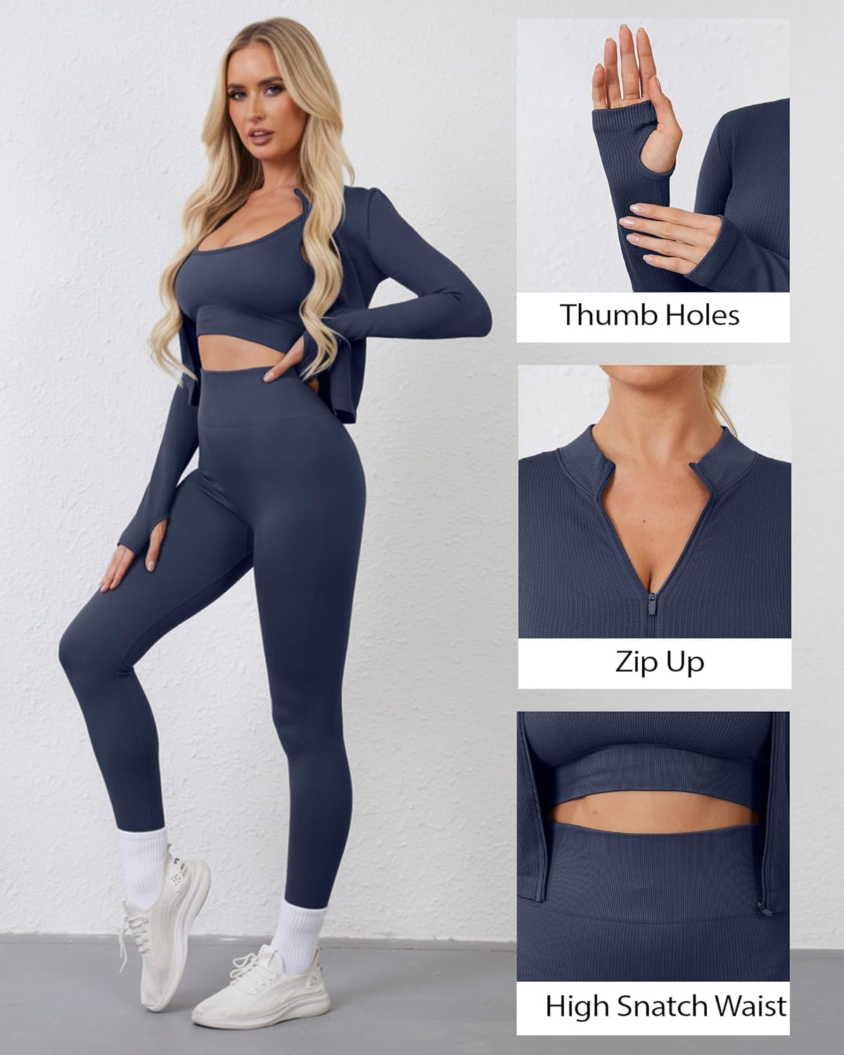 Women 3 Piece Seamless Workout Set Sports Bra High Waisted Gym Yoga Leggings Zip Up Jacket with Thumbhole Activewear