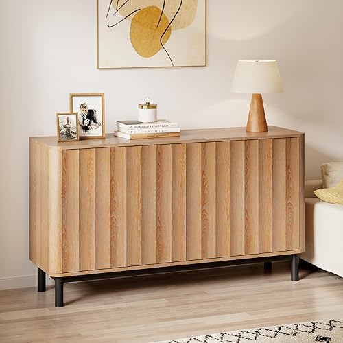 Aparador curvado y estriado, buffet de almacenamiento grande de 55 pulgadas con 4 puertas y estantes ajustables, mesa de consola de entrada de barra