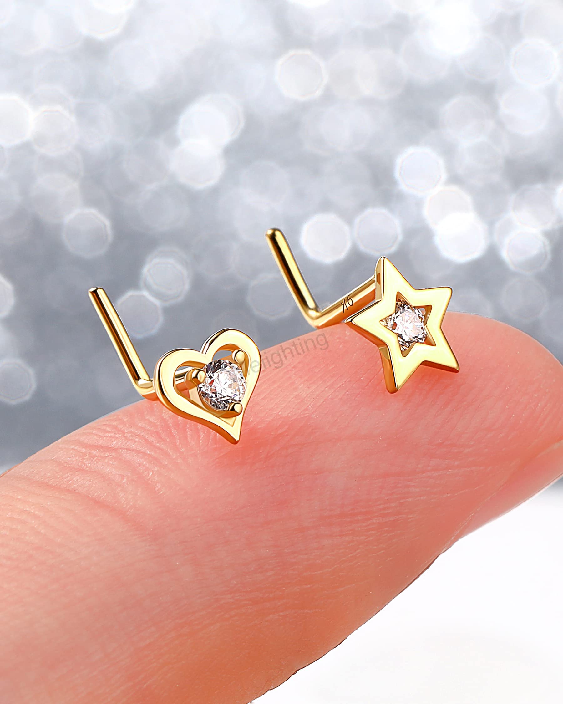 Melighting Nasenpiercing 9Karat Echt Gold Nasenstecker Stud Nasenring L Form Nasen Screw 20G(0,8mm) Herz Diamant Nasen Nostrial Piercing Schmuck