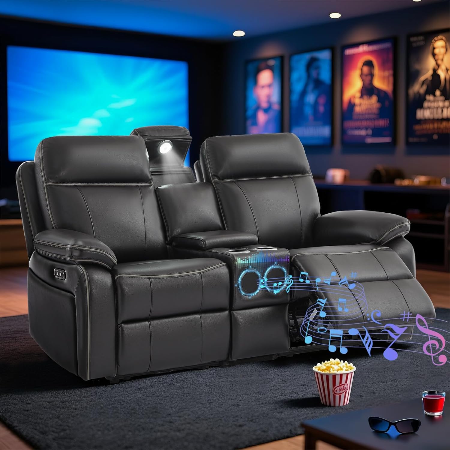 Power Reclining Loveseat with LED Reading Light/Bluetooth Speakers, Home Theater Seating Reclining Loveseeat with Console/Storage Drawer/Outlets, Power Loveseat Recliner Sofa (Black, Loveseat)