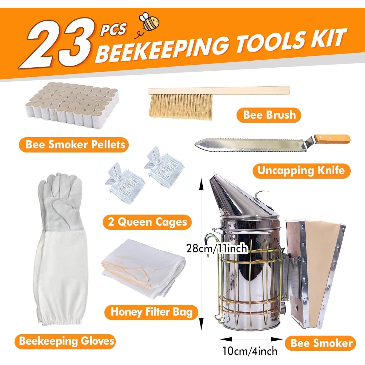 Kit per apicoltura da 23 pezzi, con custodia, affumicatore, raschietto, rete filtrante e strumenti per apicoltori