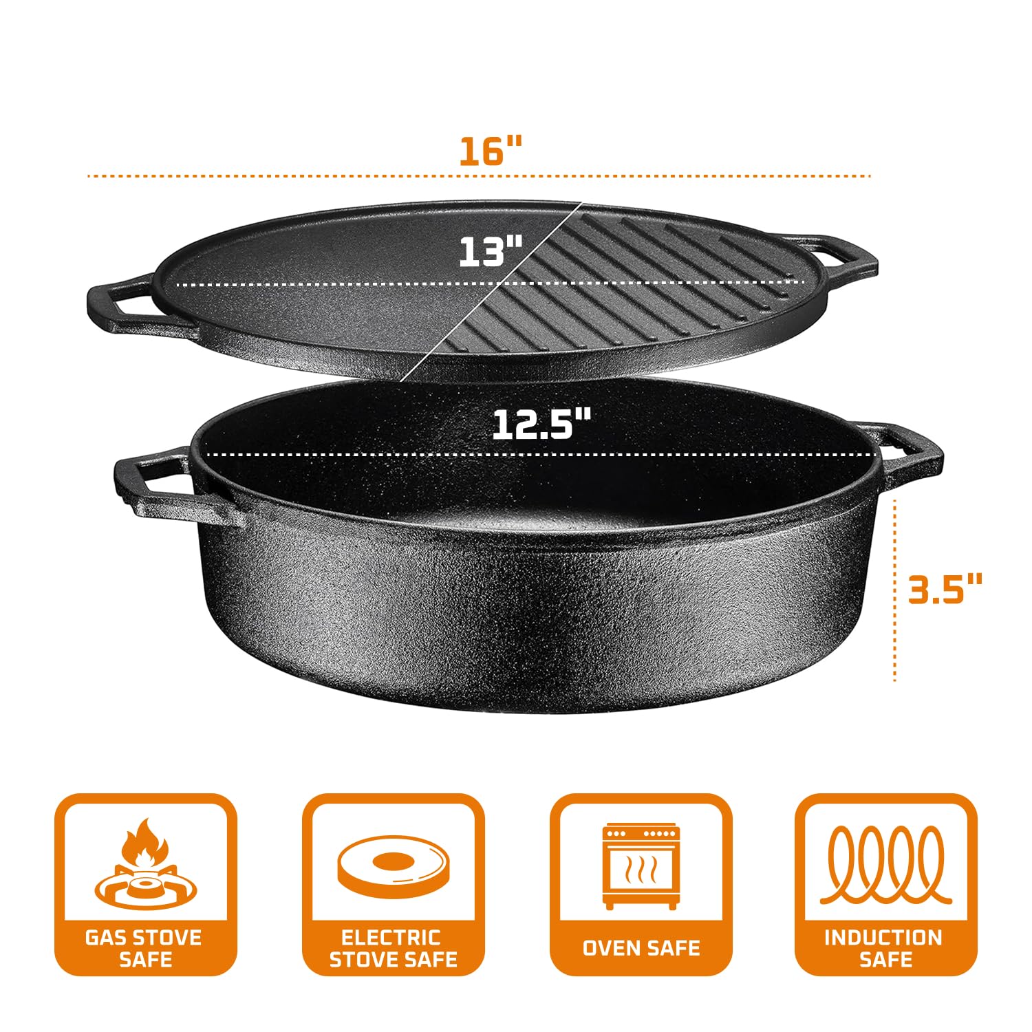 Sartén de hierro fundido 3 en 1 con tapa reversible para parrilla, sartén redonda de 6.8 cuartos de galón para freír, asar a la parrilla, cocinar al horno holandés, utensilios de cocina de 3