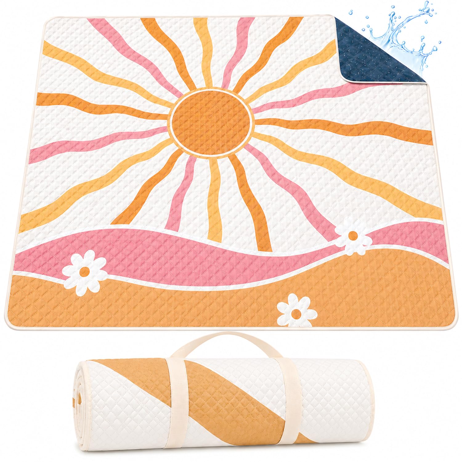 Sunflower Tapis et Couverture de Pique-Nique 200x200cm Grand Imperméable Anti-Sable – Natte de Plage Lavable, Pliable et Portable pour Camping, Parc, BBQ, Voyage – Nappe de Sol pour Extérieur