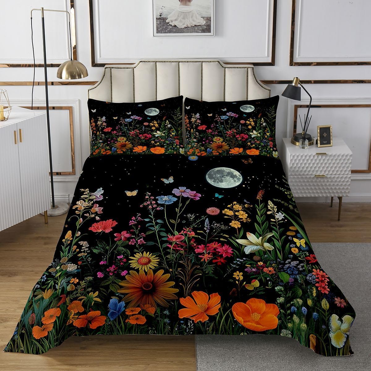 Colorful Flowers Bedspread Twin Size,Moon Starry Sky Bedding for Kids Teens Bedroom Decor,Botanical Floral Plants Coverlet Set,Black Orange Green Quilt Set for All Season,2 Pcs with 1 Pillowcase