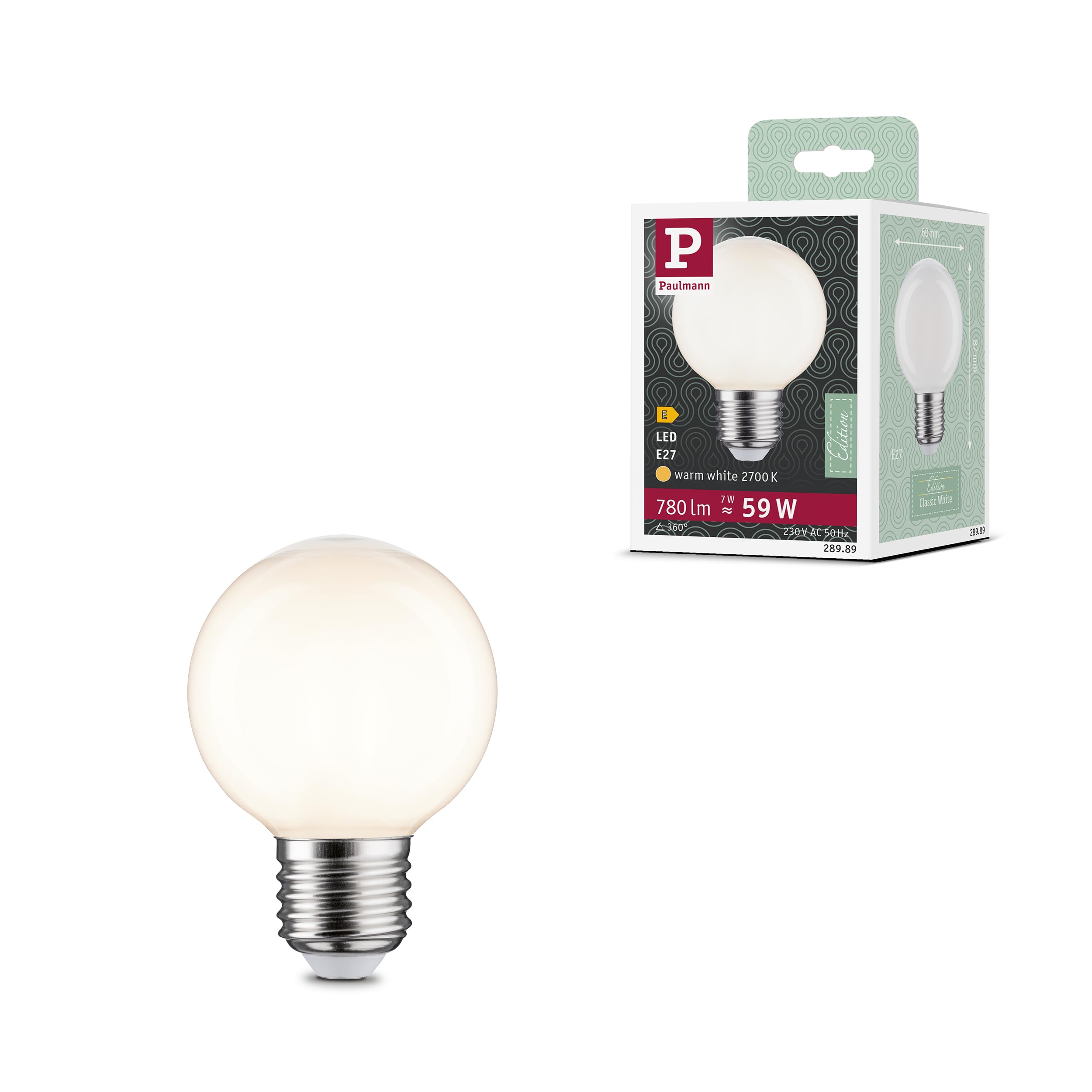 Paulmann 28989 Filament 230V LED Globe G60 E27 7W 230V 780lm 60mm Opal Glas 2700K - Warmweiß Leuchtmittel (Packung mit 6)