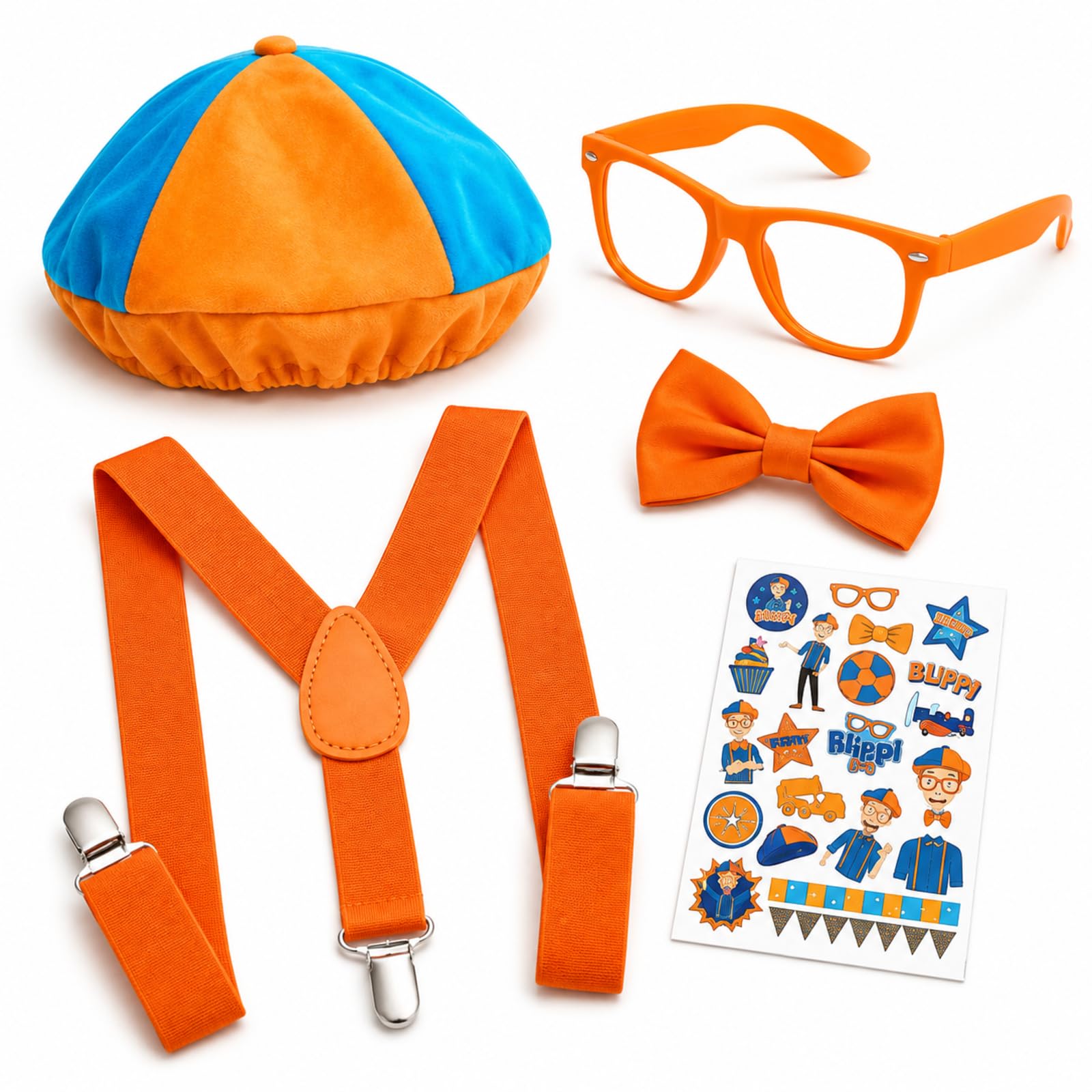 CBRPVT 5 Pcs Roleplay Costume Set, Blue - Orange Beret Hat, Orange Bow Tie & Suspenders, Framed No - Lens Bow Glasses, Sticker - Perfect for Halloween, World Book Day, Themed Parties