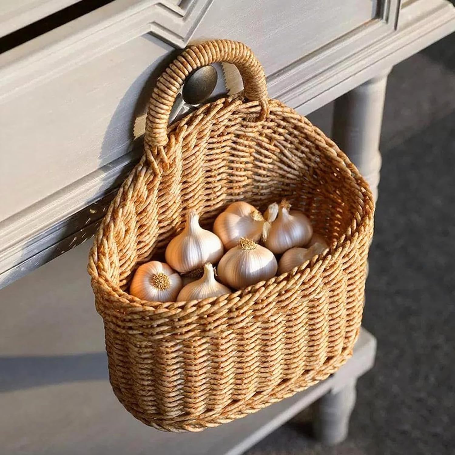 Hanging Basket Plastic Woven Wall Basket, Decorative Front Door Baskets for Flowers Plants, Small Wicker Basket for Organizing