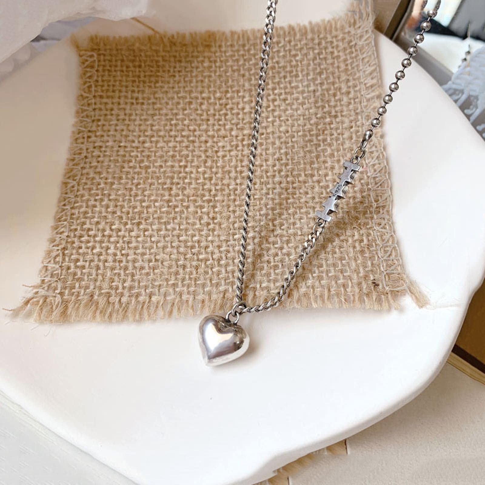 925 plata esterlina amor corazón estrella colgante collar de plata tailandesa cadena asimétrica de cuentas redondas El regalo ideal para mujeres