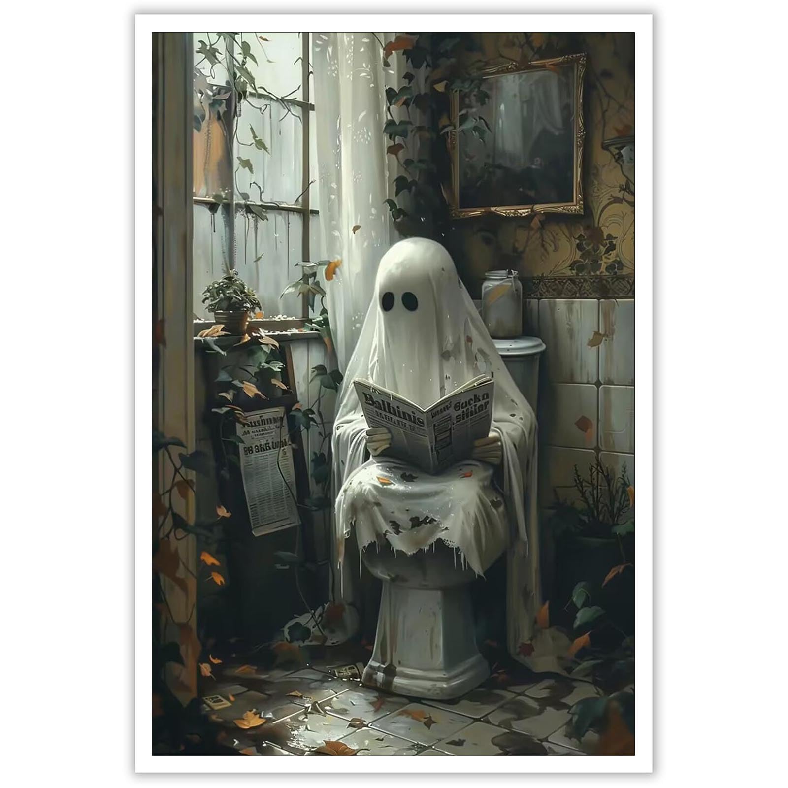 Funny Ghost On Toilet Canvas Poster - Whimsical Halloween Bathroom Wall Art 8x12in