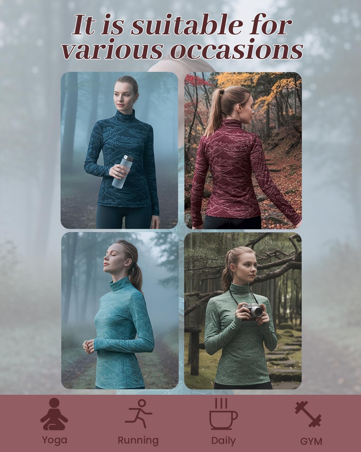 Women's Slim Fit Turtleneck Base Layer Long Sleeve Top, Mountain Print, Moisture-Wicking for Workouts & Outdoor - Image 3