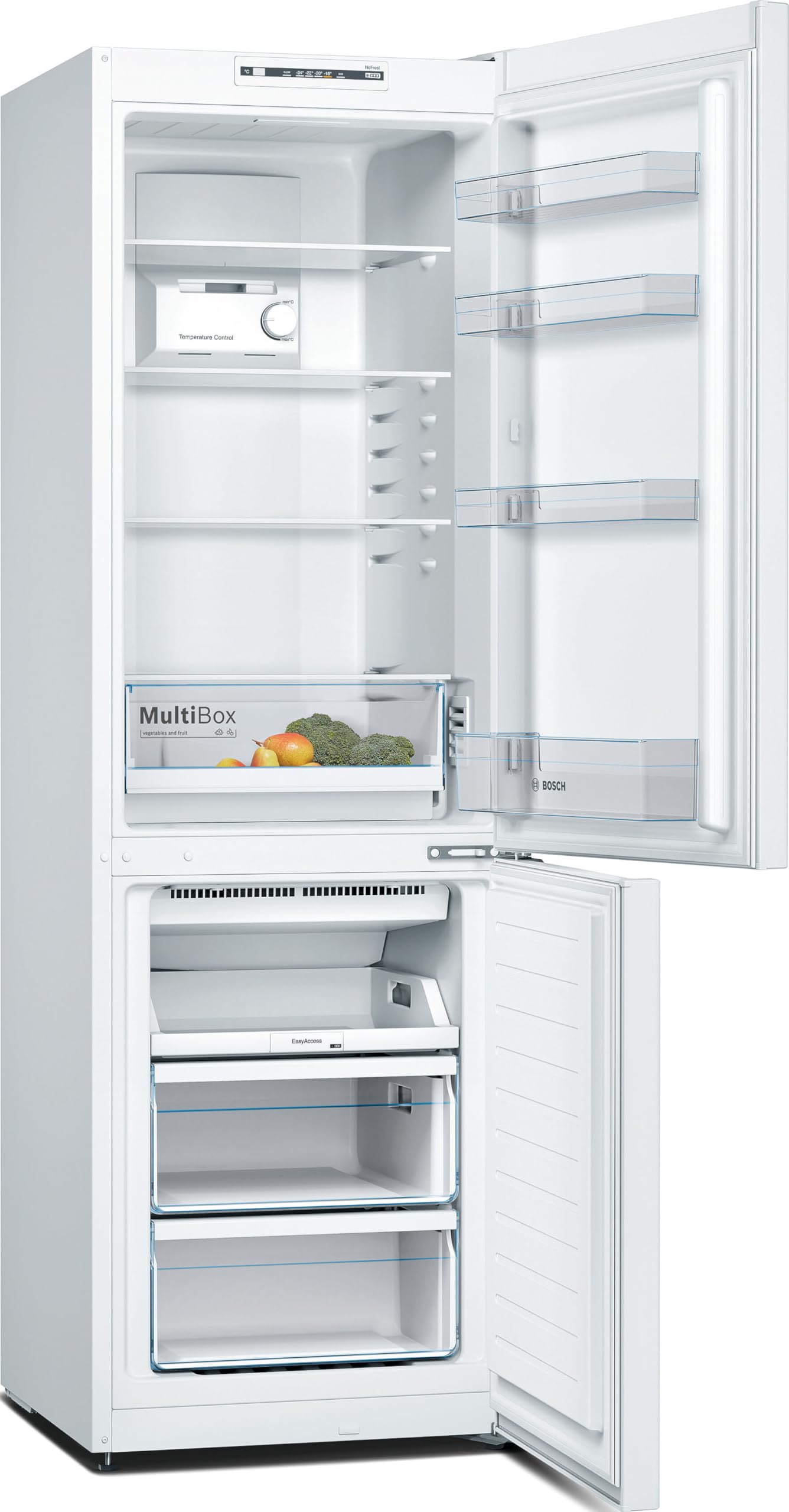 Bosch - Frigorífico Combi, 60 cm, Serie 2, NoFrost, Iluminación LED, MultiAirFlow, Blanco, KGN36NWEA