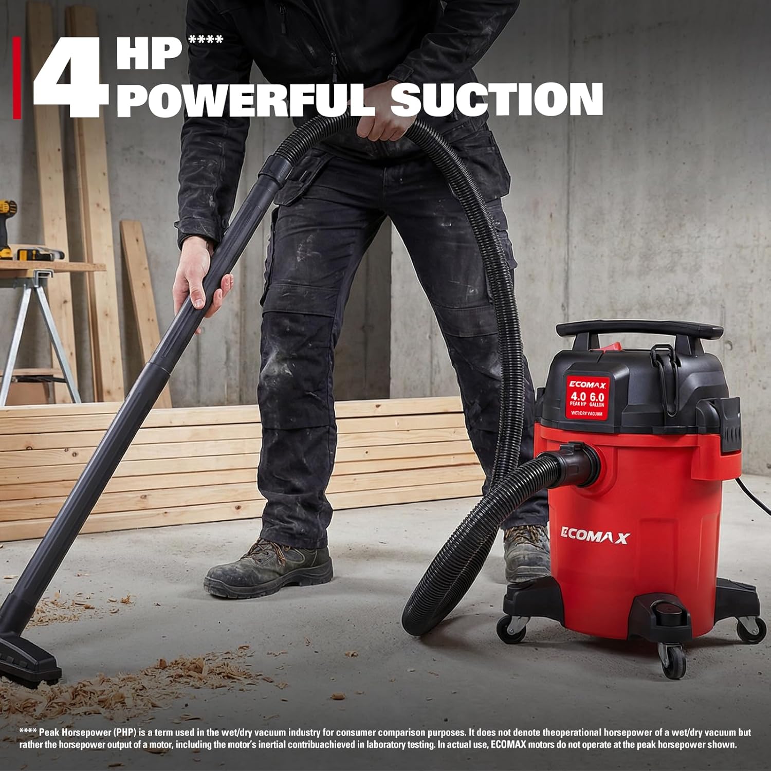 ECOMAX Ultra Quiet Shop Vacuum Wet and Dry 6 Gallon, Shop Vac 4 HP, 80% Quieter Operation, 3X Longer Motor Lifespan, Powerful & Portable for Home, Garage, Jobsite, Workshop