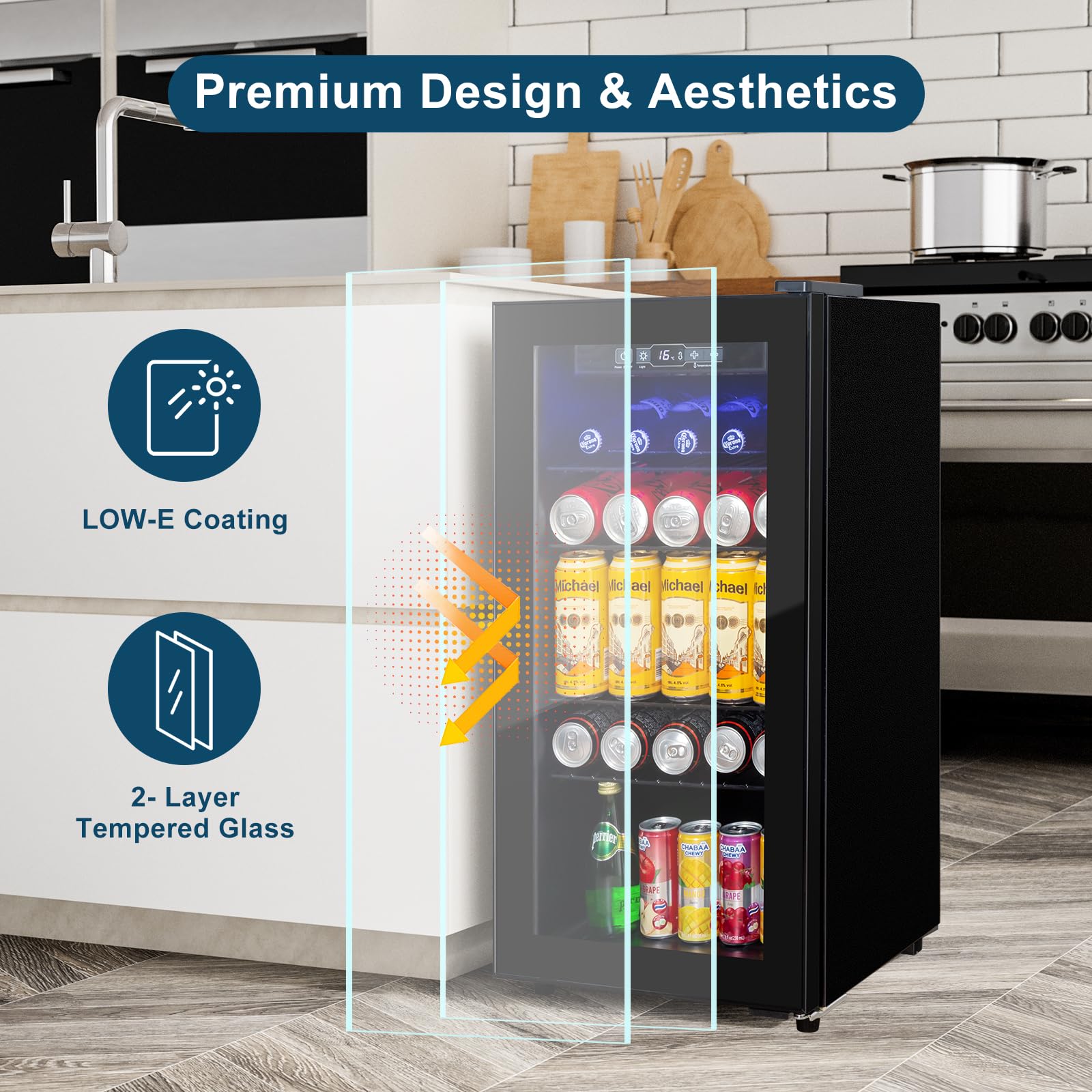 Cucina Magica 180 Cans Beverage Refrigerator Cooler, 3.2 Cu.Ft Freestanding Mini Fridge With Glass Door, Adjustable Shelves, Digital Temperature Display For Drinks, Beer, Soda, Wine, Black on Fridge.com - View 5