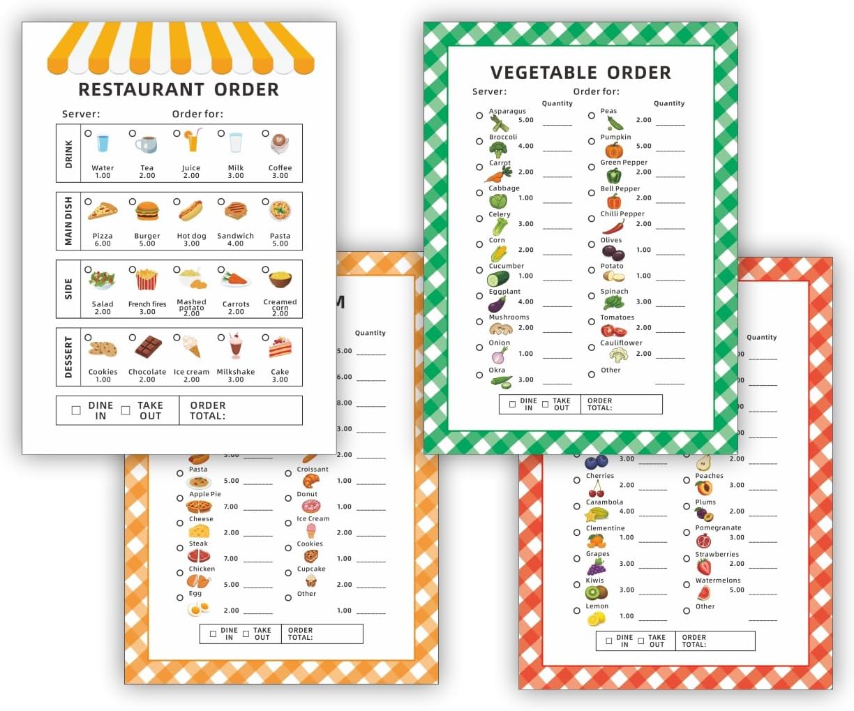 Restaurant Menu Notepads – 4-Pack Food-Themed Order Pads (40 Pages Each) – Restaurant, Main Dishes, Fruits, Vegetables – Tearable Sheets for Pretend Kitchen Play – Boosts Math & Social Skills