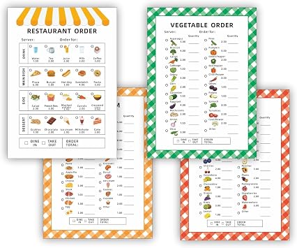 Restaurant Menu Notepads 4-Pack Food-Themed Order Pads 40 Pages Each Restaurant, Main Dishes, Fruits, Vegetables Tearable Sheets for Pretend Kitchen Play Boosts Math & Social Skills