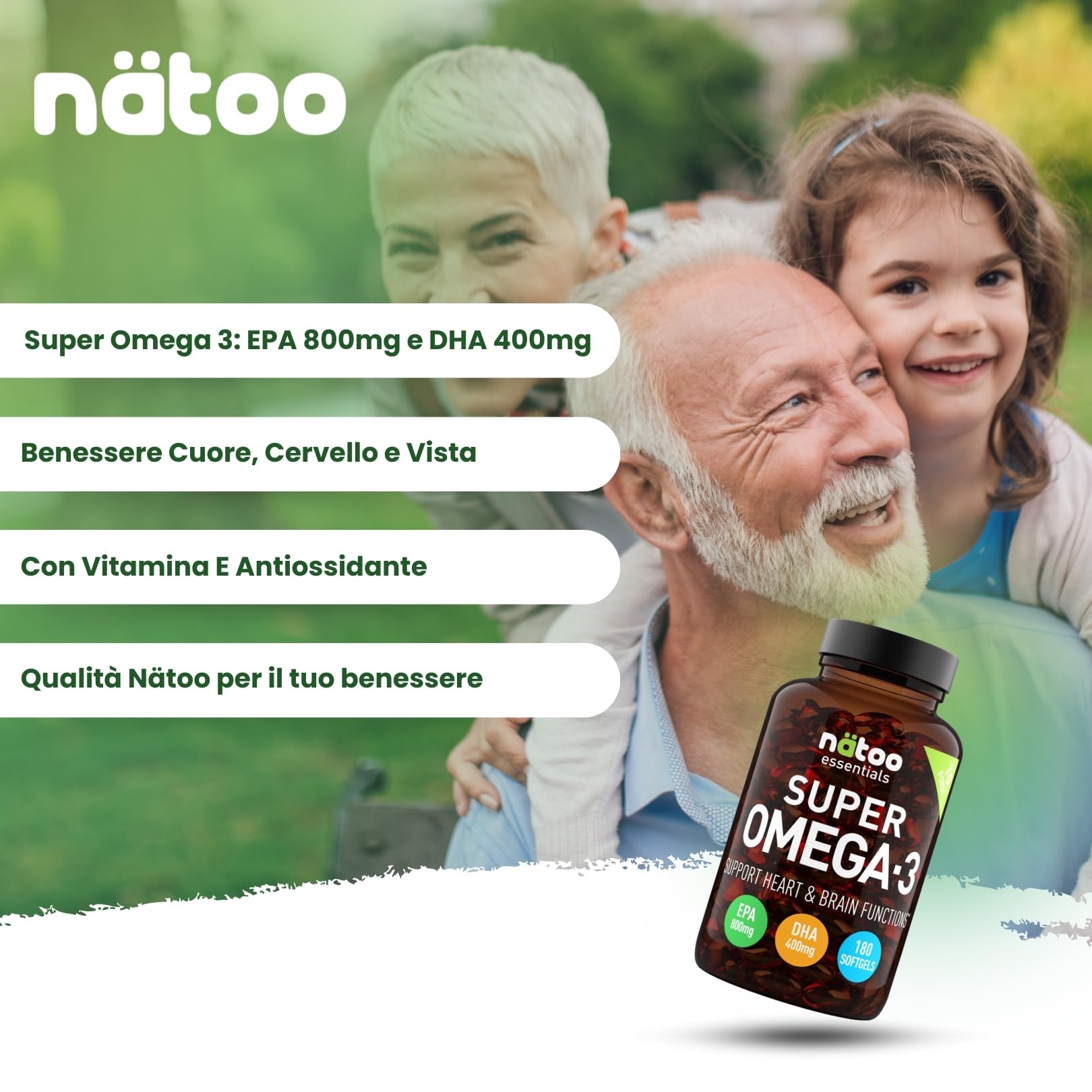 NÄTOO Super Omega 3 1500mg - Olio di pesce per il benessere di cuore, cervello e vista - Integratori con Olio di Pesce Alto Dosaggio Omega - 3 con Vitamina E, Epa 800mg e Dha 400mg (180 Perle)