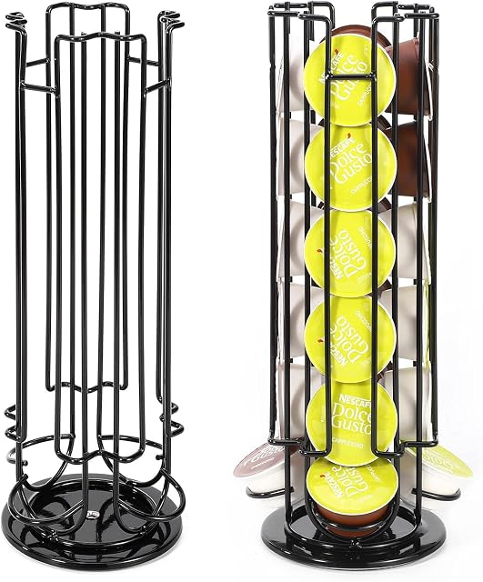 Vinsani 24 Coffee Pod Holder - 360° Rotating Tower Coffee Pods Storage Rack Stand Suitable for Dolce Gusto Coffee Capsules  Non-Slip Surface  Sleek Black Finish