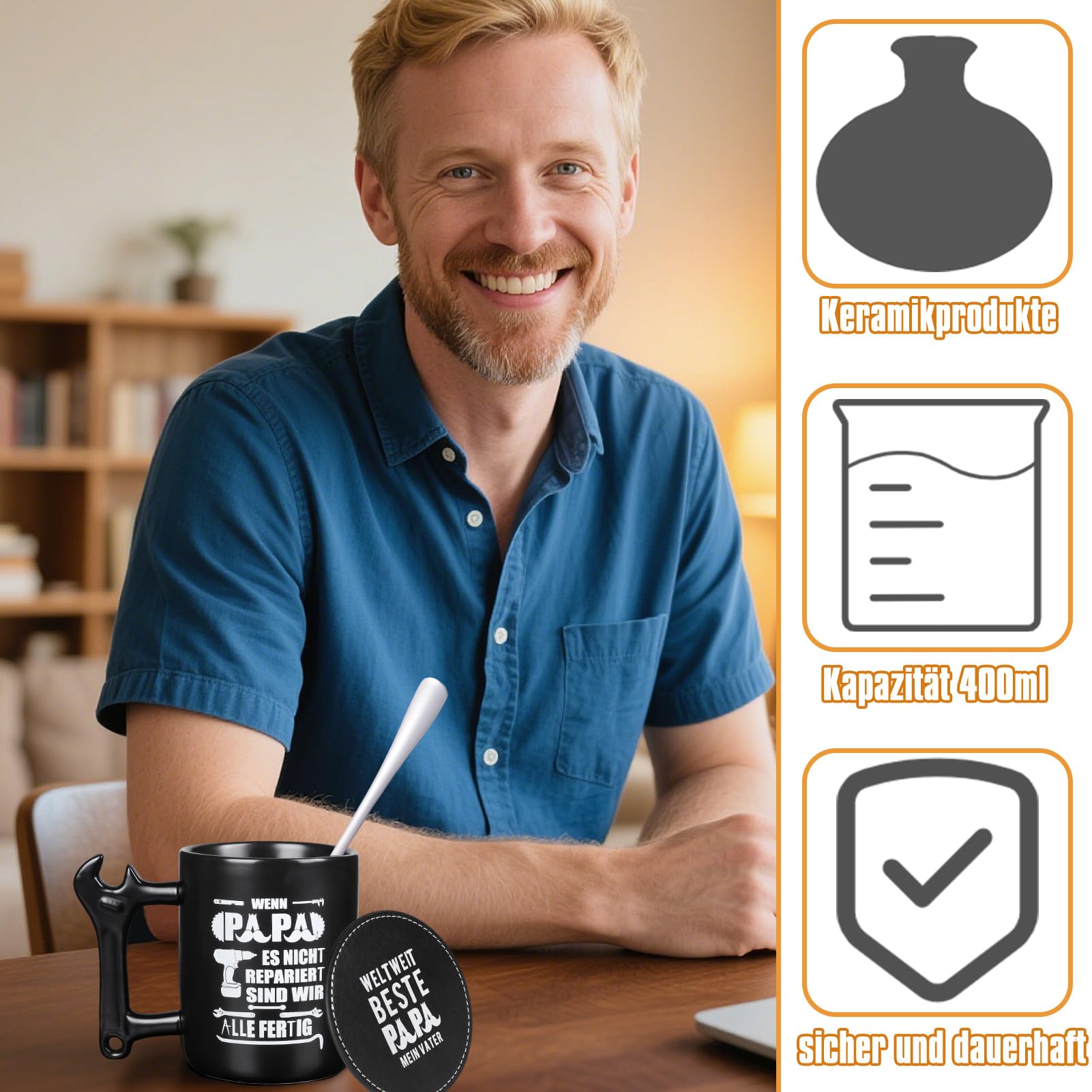 Tazza Regalo Per Papà 350ml Con Manico A Chiave Inglese, Cucchiaio E Sottobicchiere - Scritta 'Best Papa', Ceramica, Per Compleanno E Natale - 4