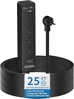Long Extension Cord 25 Ft, NTONPOWER Ultra Thin Flat Extension Cord Under Carpet, Rug, Door, 3 Outlets Flat Plug Power Strip with 2 USB, Wall Mount, Overload Protection for Indoor Home Office, Black
