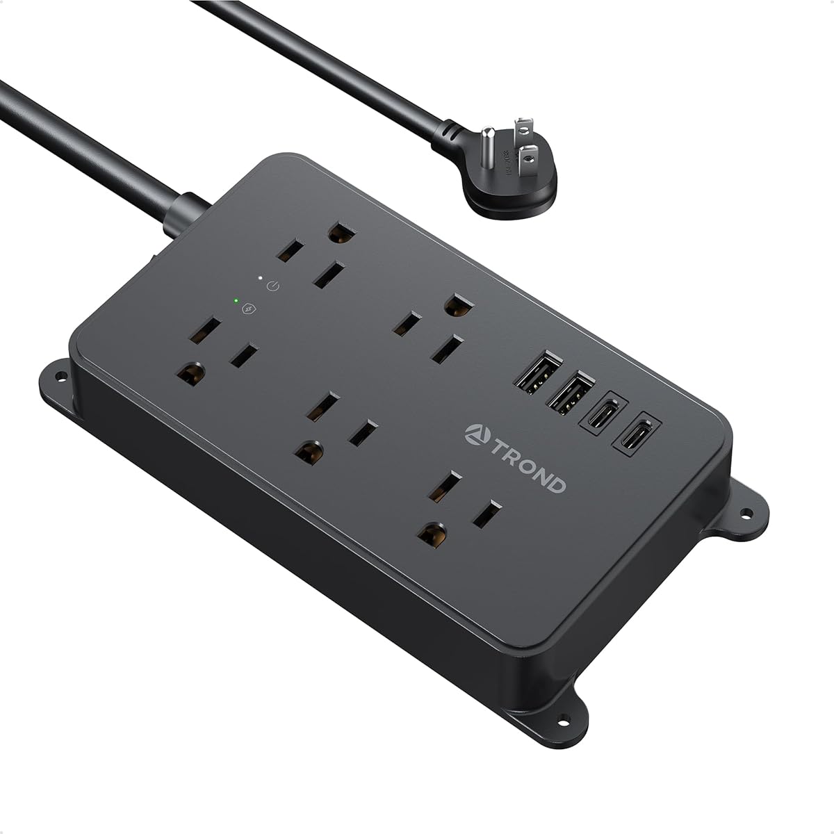 TROND Power Strip Surge Protector, 5 Widely-Spaced Outlets with 2 USB A and 2 USB C, ETL Listed, Wall Mountable, Flat Plug 5ft Extension Cord, 1300J, 14AWG Heavy Duty, for Office Kitchen, Black