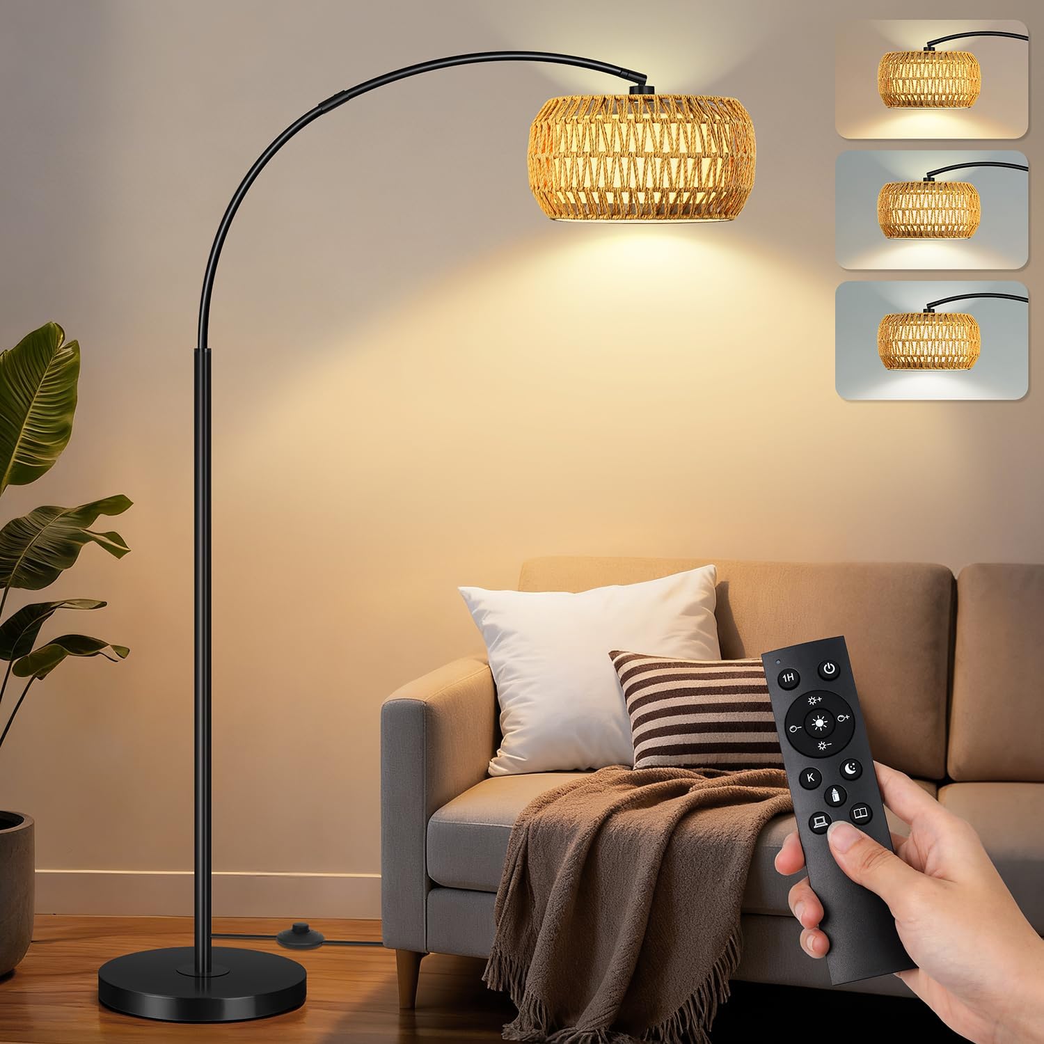 Arc Floor Lamp for Living Room, Rattan Boho Floor Lamp with Remote Control, Black Standing Lamp with 3 Color Temperatures & Dimmable LED Bulb, Tall Lamp for Bedroom, Over Couch Arched Reading Light