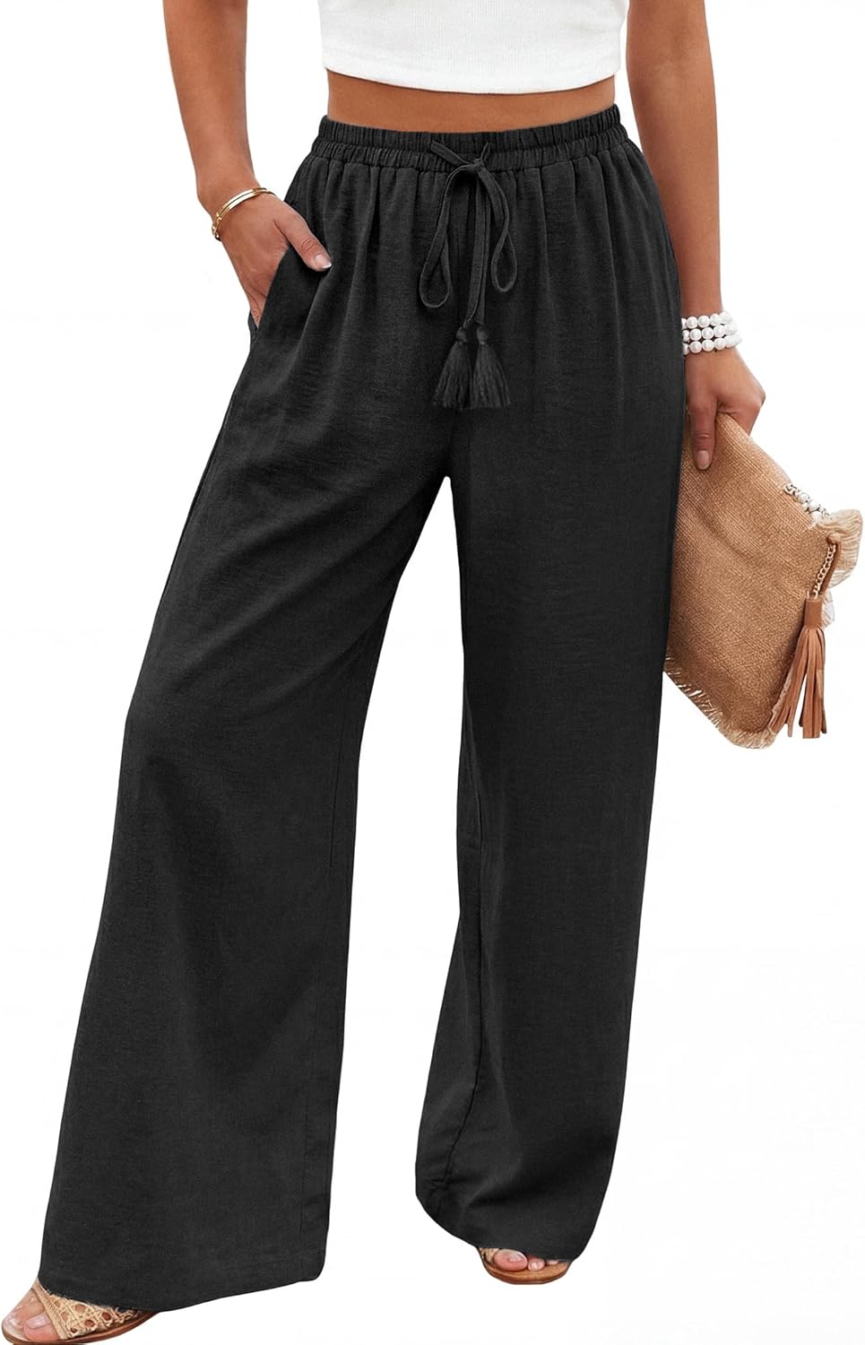 Women's Wide Leg Pants High Waisted Drawstring Loose Palazzo Pant Trendy Casual Flowy Beach Trousers with Pockets