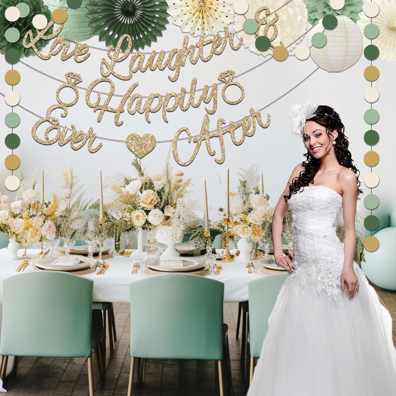 Bridal Shower Decorations,Sage GreenBridal Shower Decorations Includes Love Laughter Happily Ever After Decorations Paper Flower Ball for Wedding Bachelorette Party Decorations