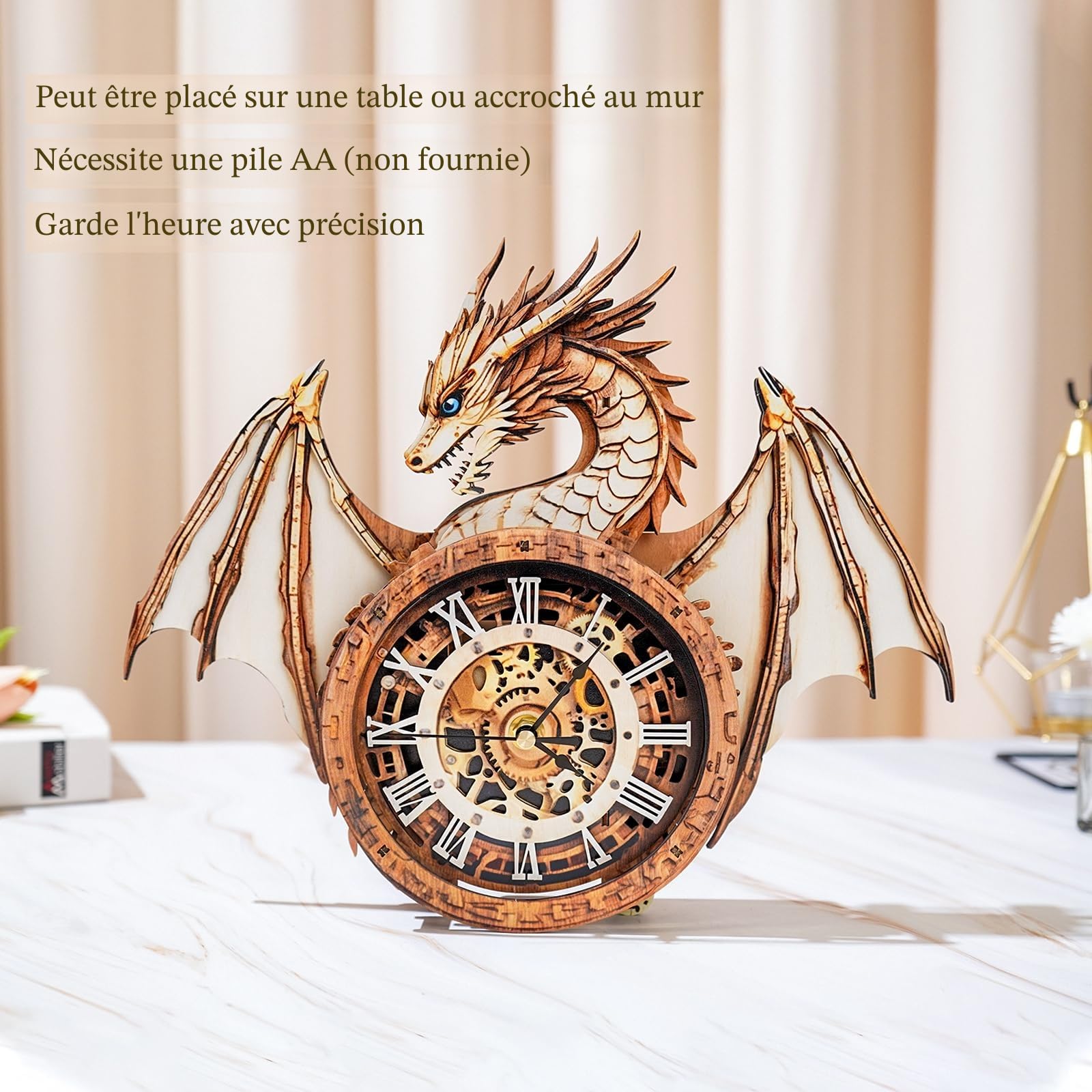 Puzzle 3D pour adultes-montre dragon avec horloge fonctionnelle, puzzle en bois 3D (33 x 37,3 cm), puzzle 3D animaux de bureau/décoration murale pour la maison/cadeaux pour amis/nuit de
