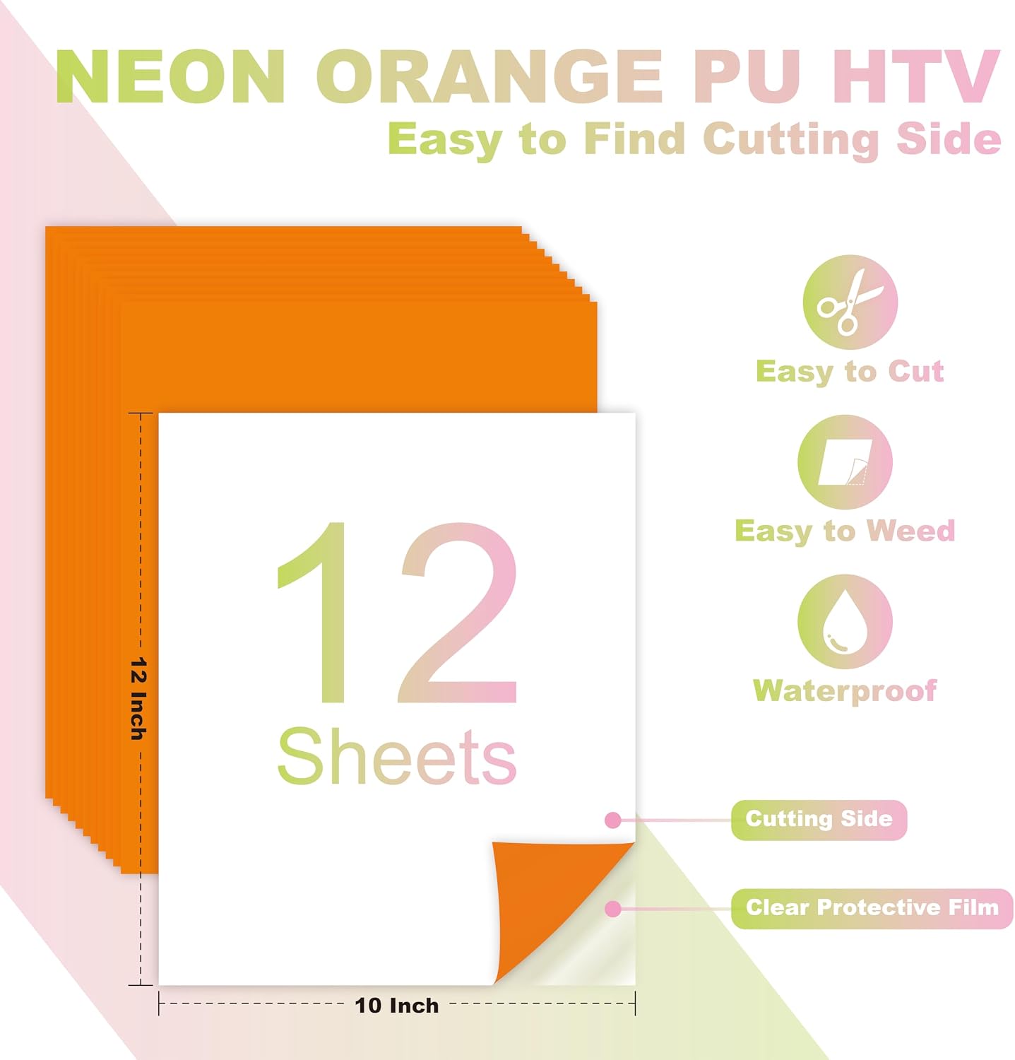 Neon Orange PU Heat Transfer Vinyl, 12 Pcs 12"x10" HTV Sheets – Soft & Stretchable Iron-On Vinyl, Easy to Cut & Weed, Compatible with Cricut & Silhouette – Great for DIY Family Shirts & Crafts
