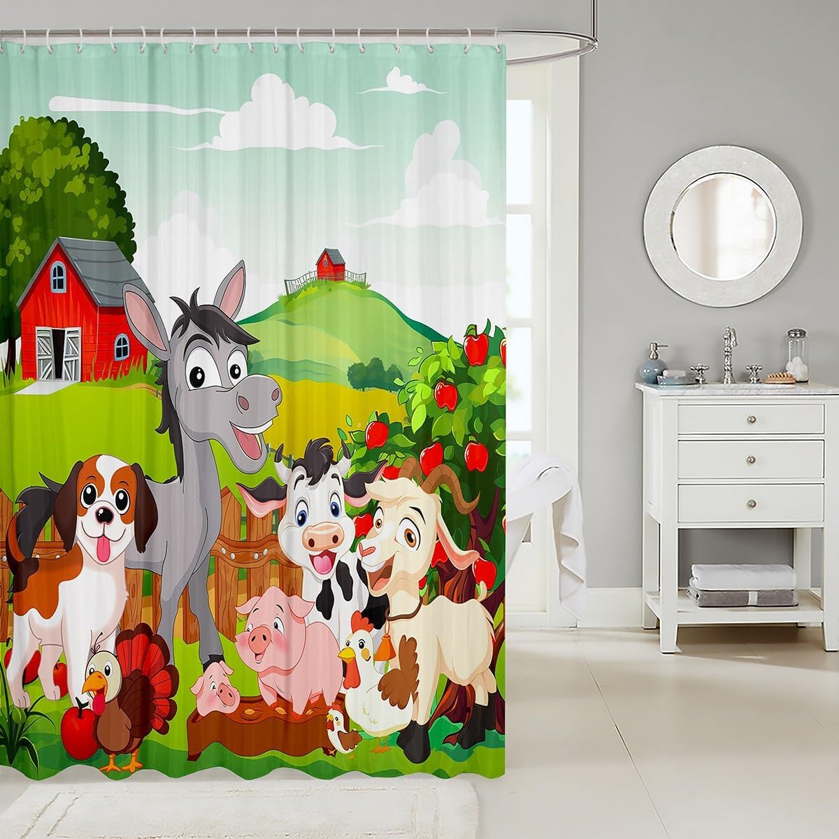 Cute Farm Animals Shower Curtain Kids Cartoon Pig Dog Cow Horse Bath Curtain Boys Girls Nature Country Style Shower Curtain with Hooks Farmhouse Rustic Waterproof Fabric Bathroom Decor 72x78 Inch
