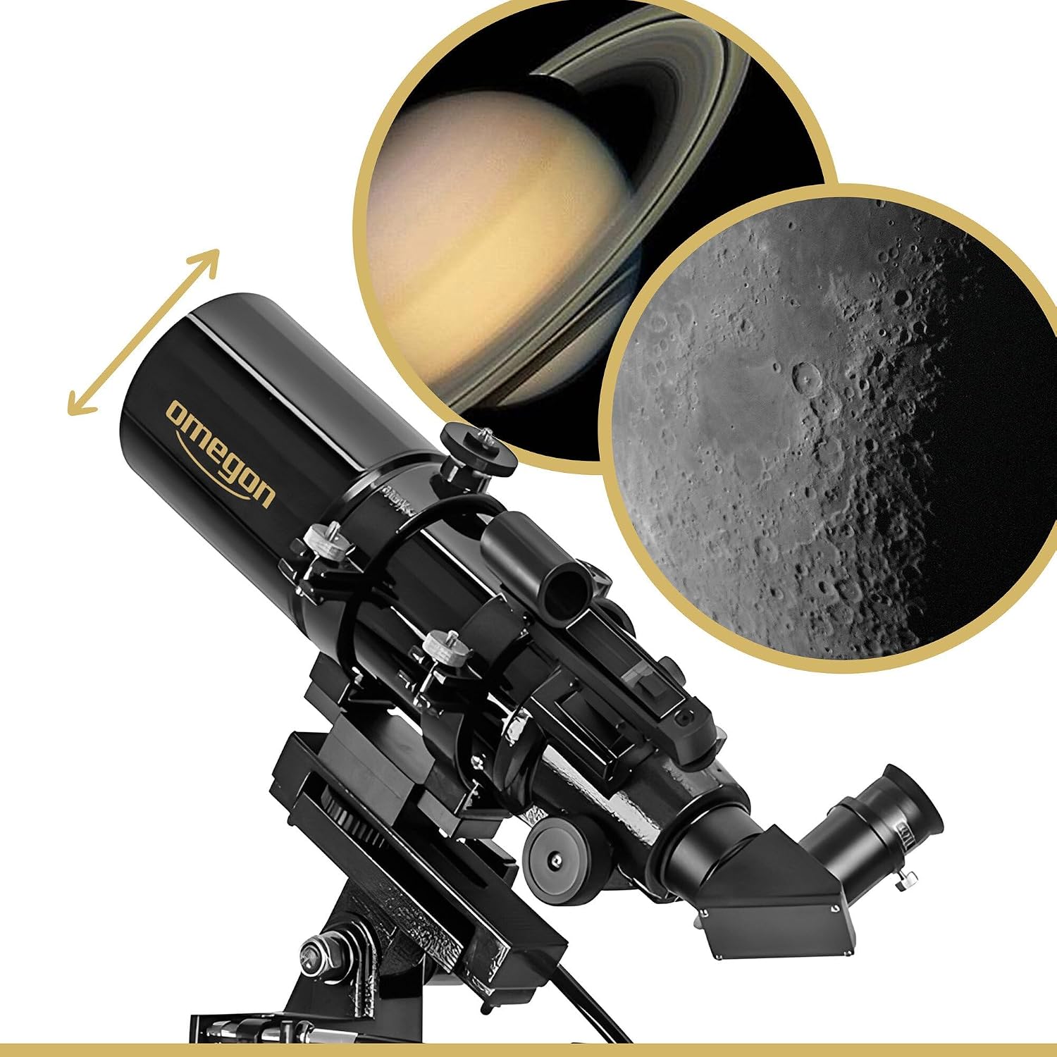 Telescope showing magnified views of Saturn and the Moon