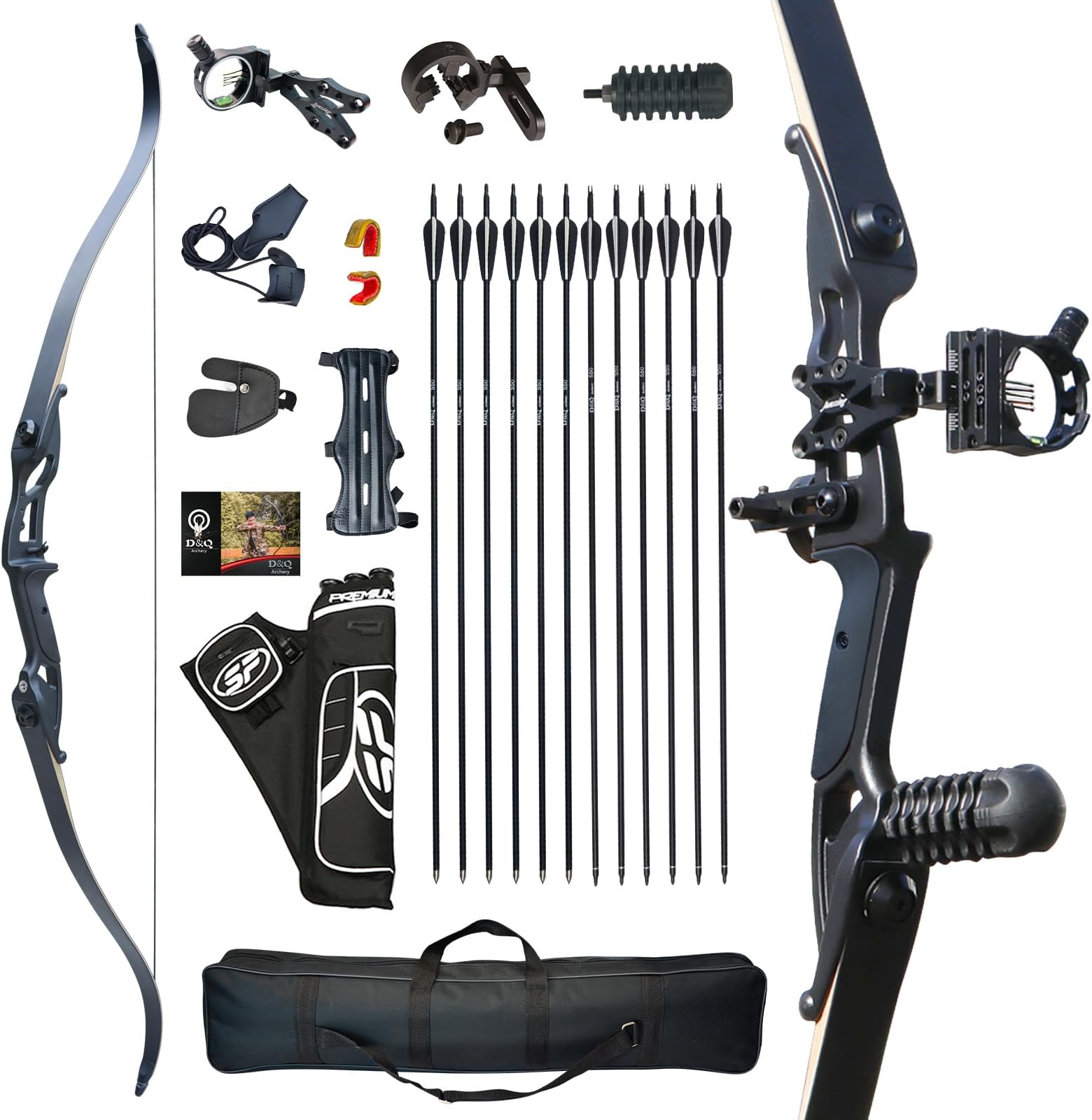 D&Q Takedown Recurve Bow, Archery Recurve Bow and Arrow Set for Adult & Youth Beginner, 56" Black Hunter Longbow Kit for Outdoor Shooting Competition, 35 45 50lbs Right Handed