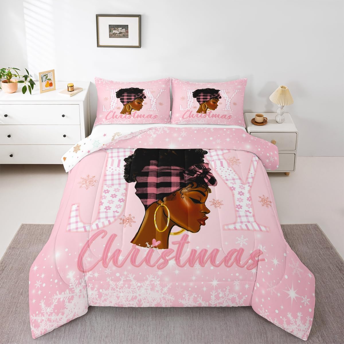 Feelyou Christmas Joy Comforter Set All Season African American Women Bedding Set with 2 Pillow Cases Merry Xmas Black Girl Kids Full Bedclothes Pink Bedroom Decor Duvet Quilt Soft Lightweight